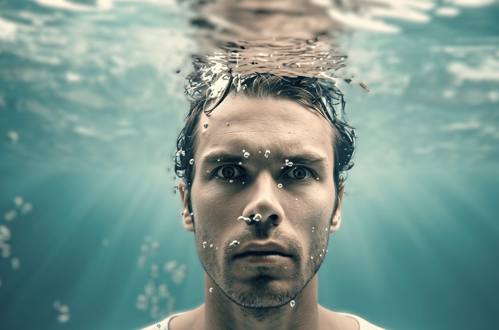 Distressed Man Underwater. Best way to remove ear wax.